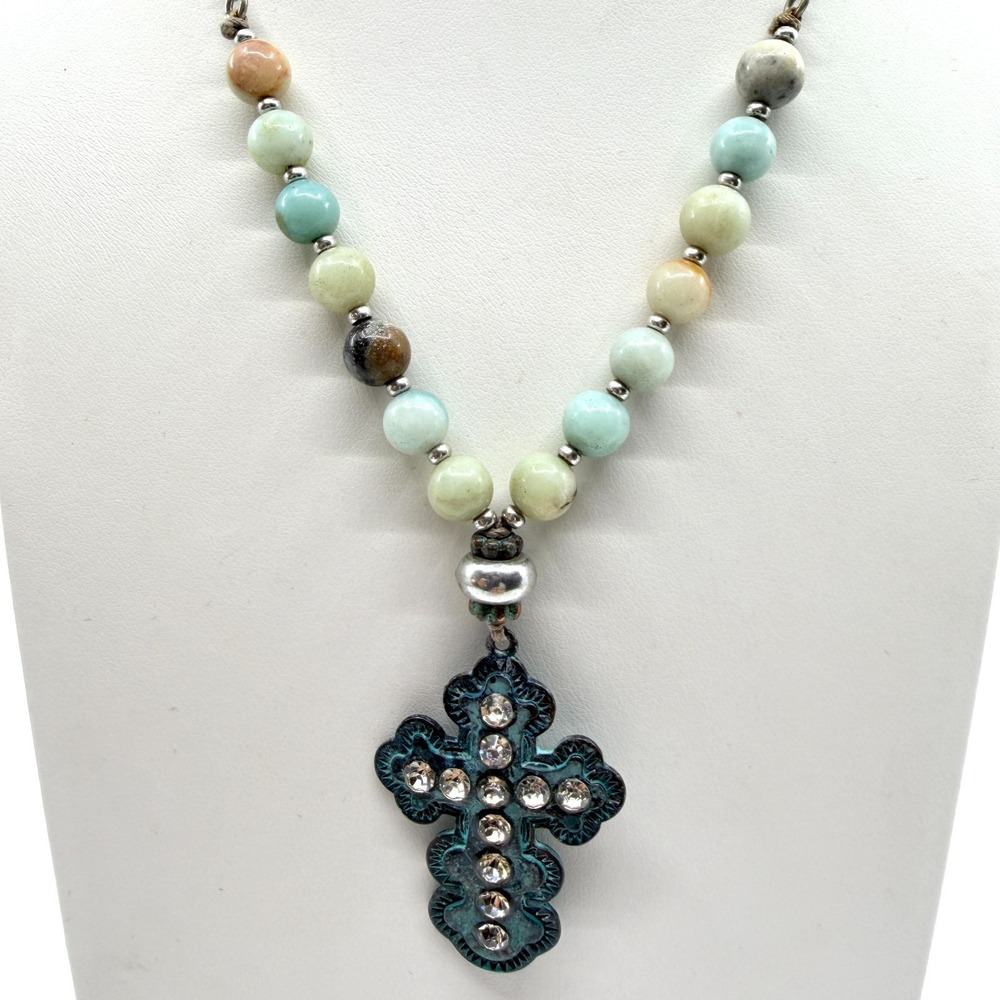 Vintage Boho Verdigris Patina Cross Rhinestone Amazonite Bead Pendant Necklace